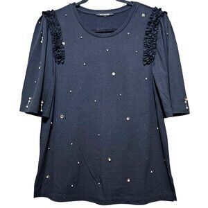 Kobi Halperin Black Embellished Top With Ruffle Sleeves & Pearl Accents  S